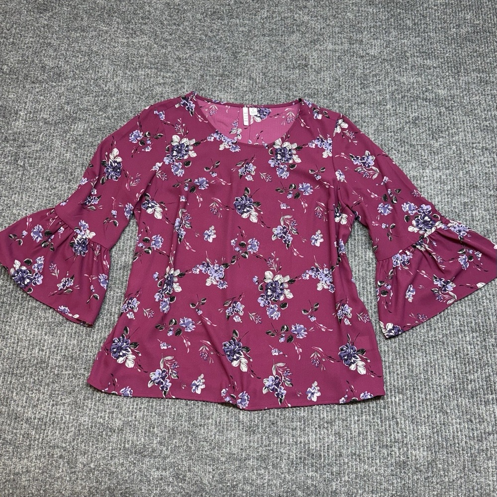 Elle Womens Medium Purple Pink Floral Blouse Scoop Neck‎ Bell Sleeve